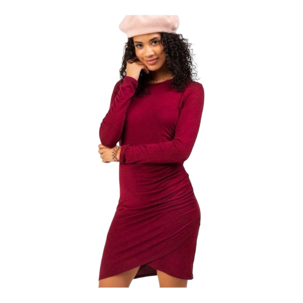 Francesca Burgundy Long Sleeve Bodycon Dress with Tulip Hem & One sided ruching